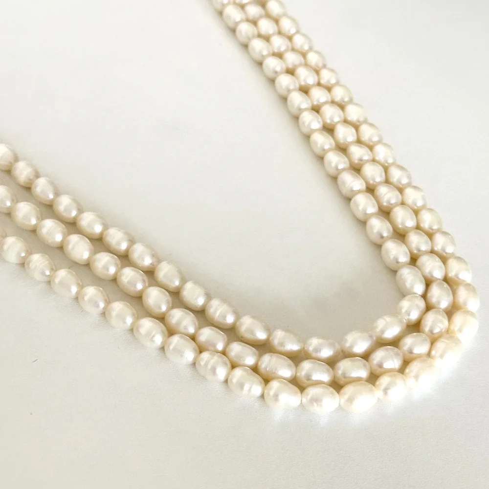 925 Sterling Silver Vintage Genuine Pearl Chunky Triple Strand 3 Row Necklace